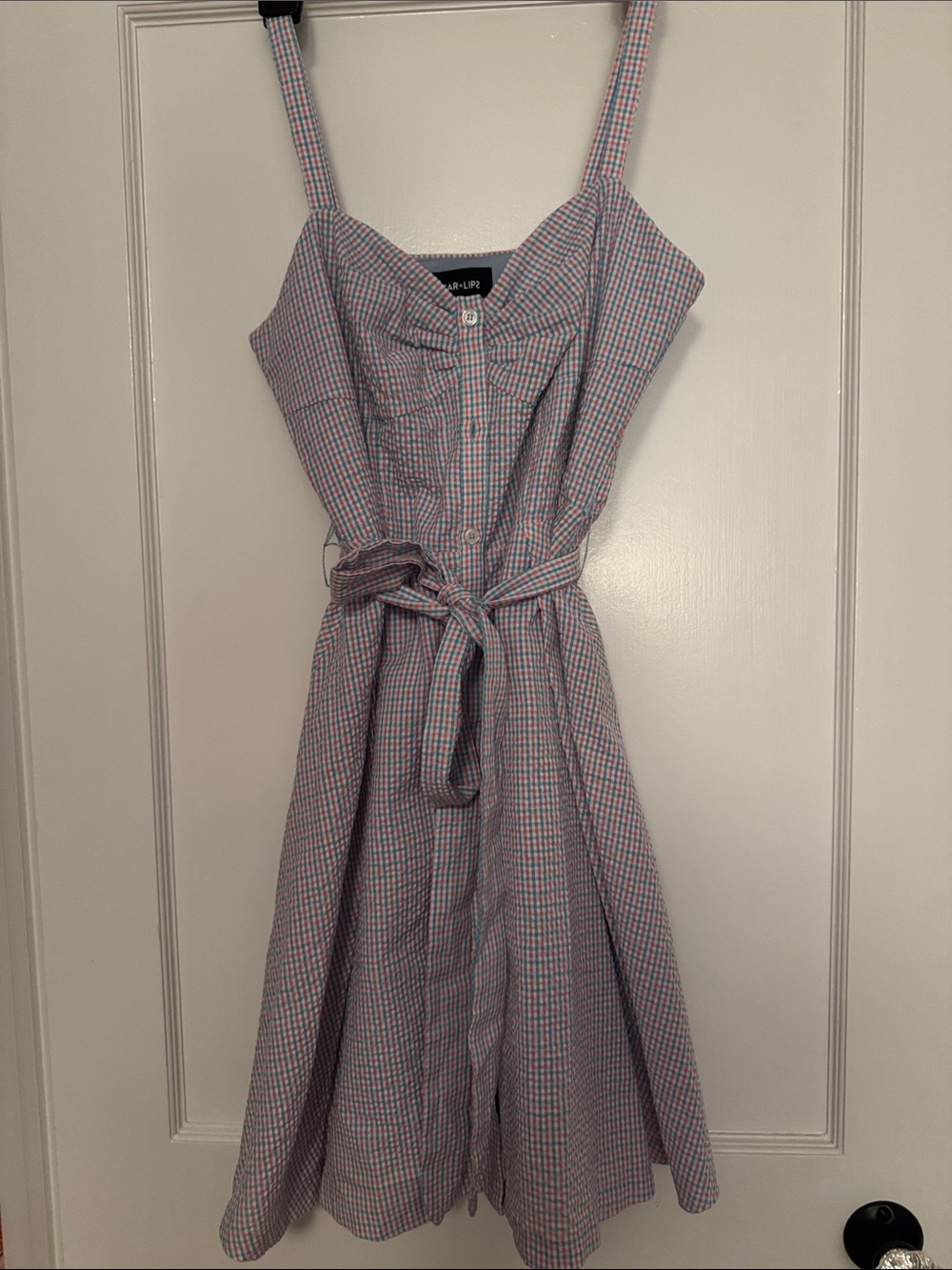 Madewell Pink and Blue Gingham Tie-Waist Midi Dress